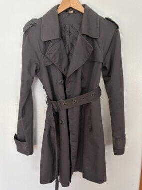 H&M Divided Charcoal Gray Belted Trench Coat Rain Jacket Size 6